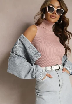 Jasnoróżowa Bluzka z Elastycznego Materiału bez Rękawów z Golfem Merdia