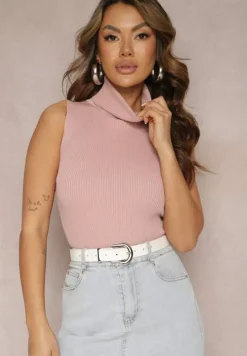 Jasnoróżowa Bluzka z Elastycznego Materiału bez Rękawów z Golfem Merdia