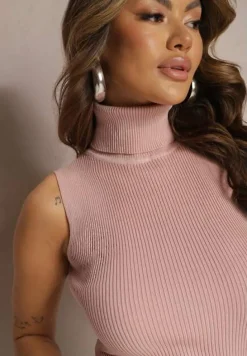 Jasnoróżowa Bluzka z Elastycznego Materiału bez Rękawów z Golfem Merdia