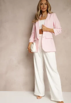 Jasnoróżowa Gładka Marynarka z Rękawami 7/8 i Klapami Adylia