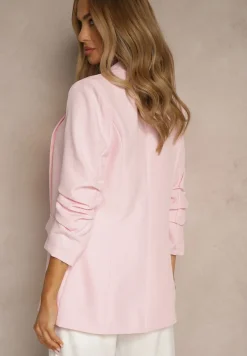 Jasnoróżowa Gładka Marynarka z Rękawami 7/8 i Klapami Adylia
