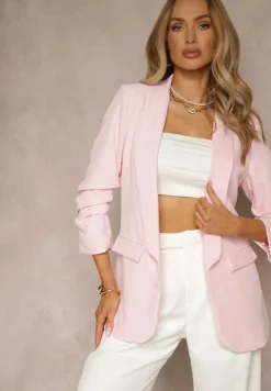 Jasnoróżowa Gładka Marynarka z Rękawami 7/8 i Klapami Adylia