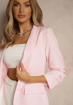 Jasnoróżowa Gładka Marynarka z Rękawami 7/8 i Klapami Adylia