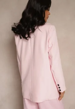 Jasnoróżowa Jednorzędowa Marynarka o Klasycznym Kroju Zdobiona Imitacją Kieszeni Zenzeri