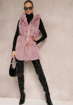 Jasnoróżowa Kamizelka Futrzana z Wstawkami z Ekoskóry i Kapturem Lemize