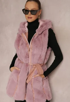 Jasnoróżowa Kamizelka Futrzana z Wstawkami z Ekoskóry i Kapturem Lemize