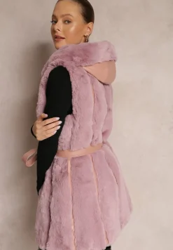 Jasnoróżowa Kamizelka Futrzana z Wstawkami z Ekoskóry i Kapturem Lemize