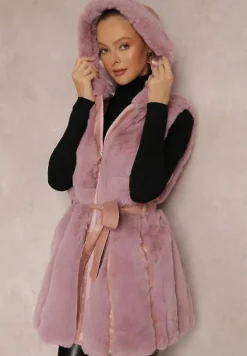Jasnoróżowa Kamizelka Futrzana z Wstawkami z Ekoskóry i Kapturem Lemize