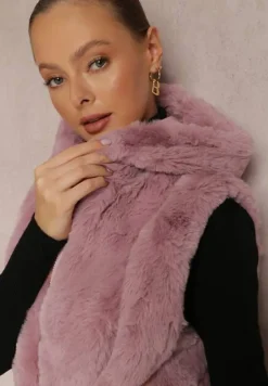 Jasnoróżowa Kamizelka Futrzana z Wstawkami z Ekoskóry i Kapturem Lemize