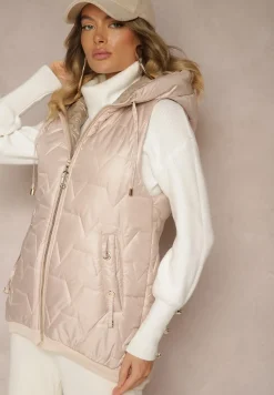 Jasnoróżowa Kamizelka z Kapturem Ozdobiona Wstawką z Ekoskóry i Pikowaniem Terithasa