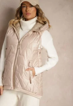 Jasnoróżowa Kamizelka z Kapturem Ozdobiona Wstawką z Ekoskóry i Pikowaniem Terithasa