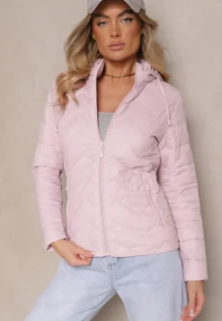 Jasnoróżowa Kurtka Przejściowa z Pikowaniem i Odpinanym Kapturem Leopia