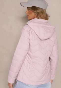 Jasnoróżowa Kurtka Przejściowa z Pikowaniem i Odpinanym Kapturem Leopia