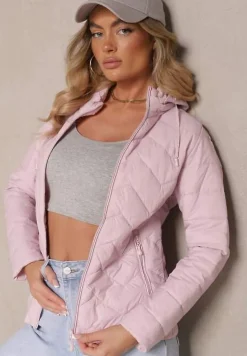 Jasnoróżowa Kurtka Przejściowa z Pikowaniem i Odpinanym Kapturem Leopia