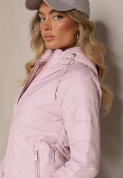 Jasnoróżowa Kurtka Przejściowa z Pikowaniem i Odpinanym Kapturem Leopia
