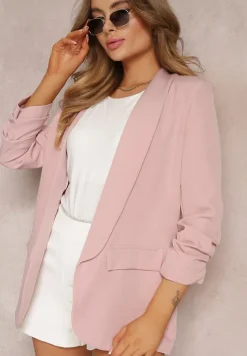 Jasnoróżowa Marynarka Niezapinana z Marszczonymi Rękawami Orolea