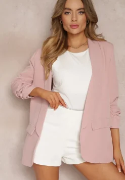 Jasnoróżowa Marynarka Niezapinana z Marszczonymi Rękawami Orolea