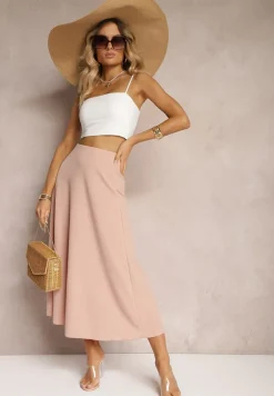 Jasnoróżowa Midi Spódnica Rozkloszowana o Klasycznym Fasonie Namettia