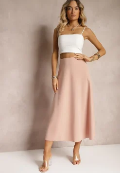 Jasnoróżowa Midi Spódnica Rozkloszowana o Klasycznym Fasonie Namettia