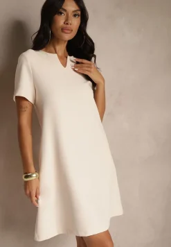 Jasnoróżowa Trapezowa Sukienka Mini z Krótkim Rękawem i Kieszeniami Vrea