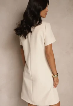 Jasnoróżowa Trapezowa Sukienka Mini z Krótkim Rękawem i Kieszeniami Vrea