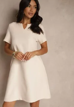 Jasnoróżowa Trapezowa Sukienka Mini z Krótkim Rękawem i Kieszeniami Vrea