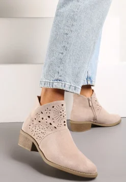 Jasnoróżowe Ażurowe Botki Kowbojki na Obcasie Zapinane na Suwak Ritave