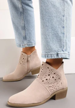 Jasnoróżowe Ażurowe Botki Kowbojki na Obcasie Zapinane na Suwak Ritave