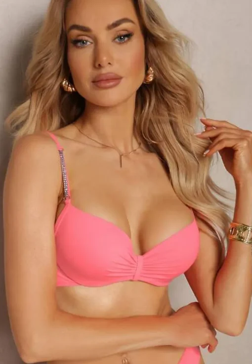 Jasnoróżowe Bikini Usztywniany Biustonosz z Cyrkoniami i Spodenki Kąpielowe Wykończone Gumką w Pasie Rilamia