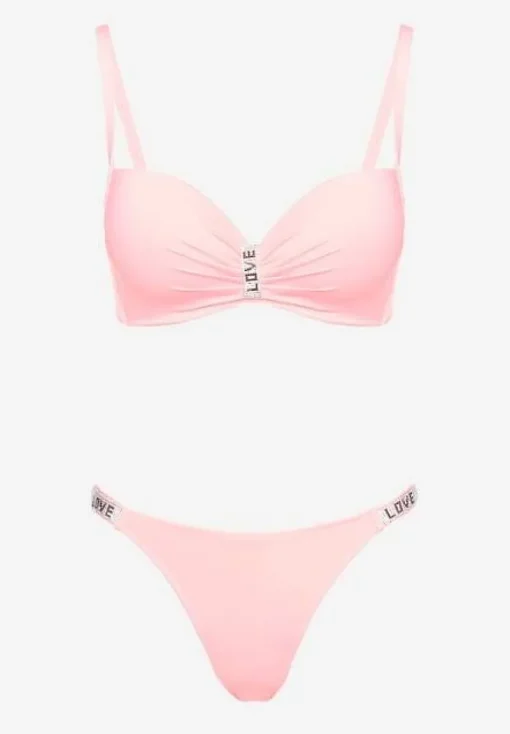 Jasnoróżowe Bikini z Cyrkoniami i Regulowanymi Ramiączkami Tloen