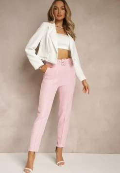 Jasnoróżowe Dopasowane Spodnie Garniturowe High Waist z Paskiem w Talii Ozdobionym Klamrą Binah