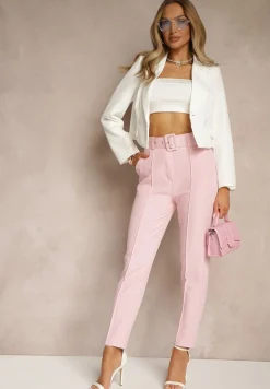 Jasnoróżowe Dopasowane Spodnie Garniturowe High Waist z Paskiem w Talii Ozdobionym Klamrą Binah