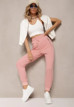 Jasnoróżowe Dresowe Spodnie Bawełniane Joggery z Kieszeniami na Suwaki Bieitta