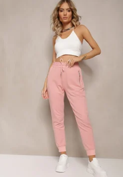 Jasnoróżowe Dresowe Spodnie Bawełniane Joggery z Kieszeniami na Suwaki Bieitta