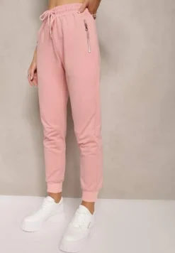 Jasnoróżowe Dresowe Spodnie Bawełniane Joggery z Kieszeniami na Suwaki Bieitta