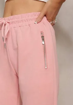 Jasnoróżowe Dresowe Spodnie Bawełniane Joggery z Kieszeniami na Suwaki Bieitta