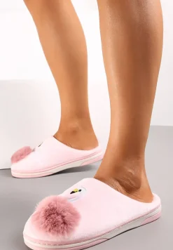 Jasnoróżowe Kapcie na Płaskiej Podeszwie z Pomponem i Haftem Xamela