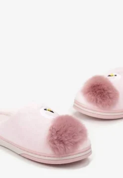 Jasnoróżowe Kapcie na Płaskiej Podeszwie z Pomponem i Haftem Xamela