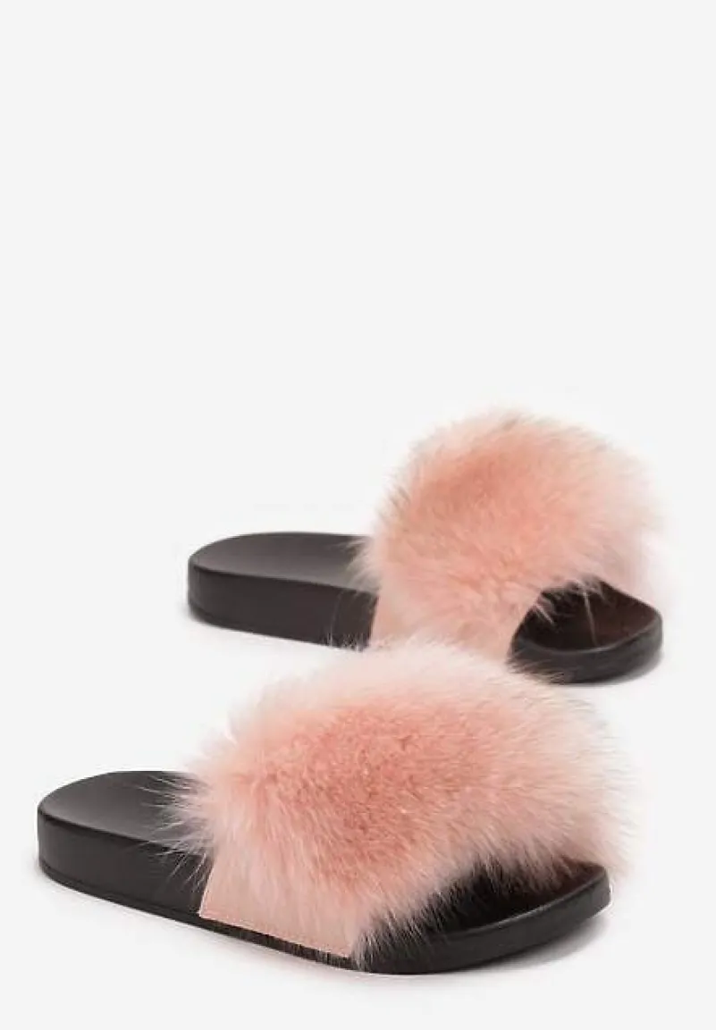 Jasnoróżowe Klapki z Futrem Turtlefeather