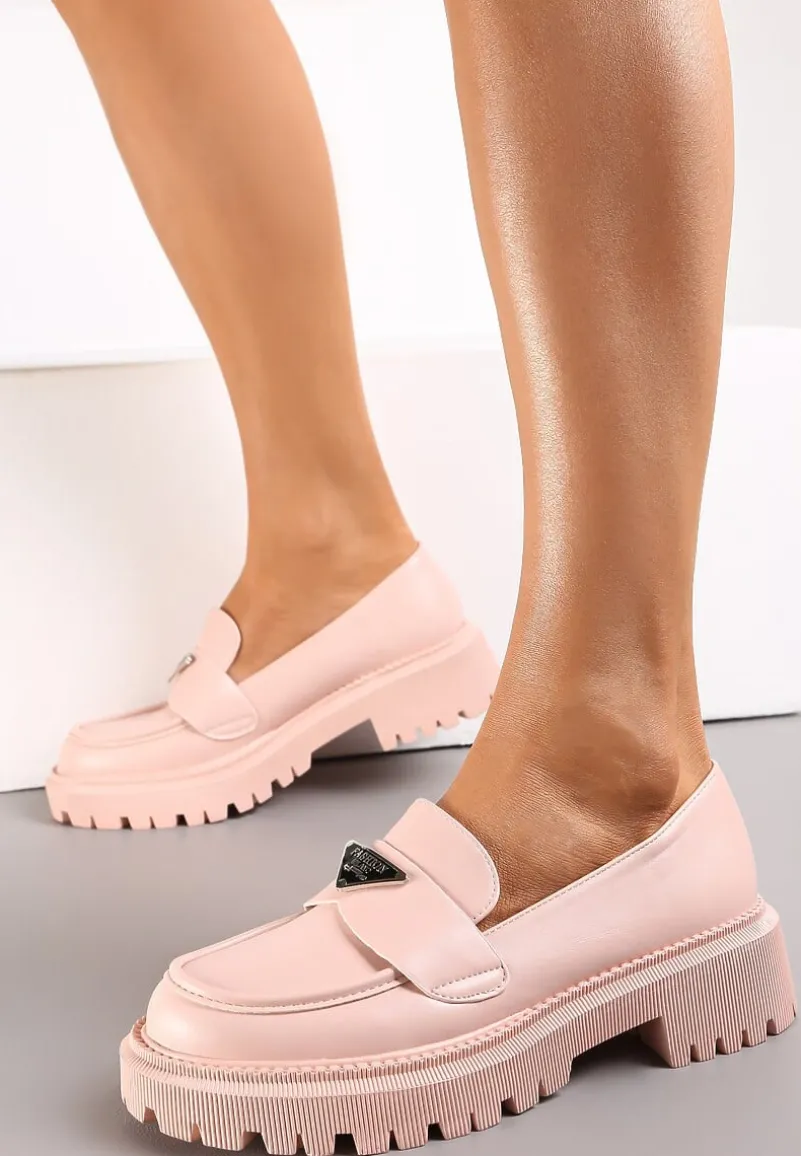 Jasnoróżowe Mokasyny na Grubej Podeszwie z Ozdobną Klamerką Silensa