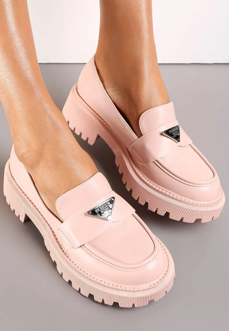 Jasnoróżowe Mokasyny na Grubej Podeszwie z Ozdobną Klamerką Silensa