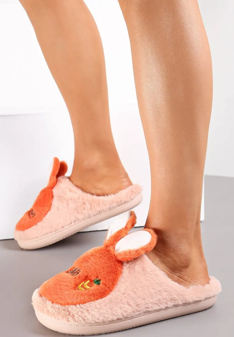 Jasnoróżowe Pluszowe Kapcie z Królikiem Heas