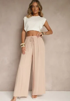 Jasnoróżowe Szerokie Spodnie High Waist z Gumką w Talii Ilnena