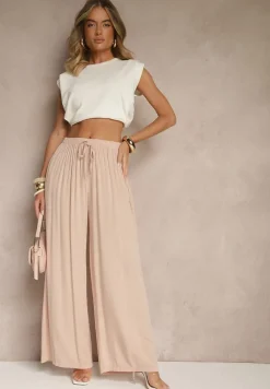 Jasnoróżowe Szerokie Spodnie High Waist z Gumką w Talii Ilnena