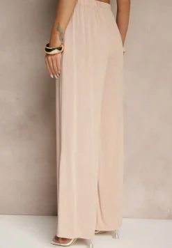 Jasnoróżowe Szerokie Spodnie High Waist z Gumką w Talii Ilnena