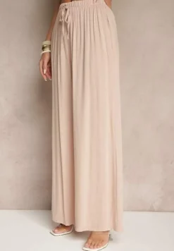 Jasnoróżowe Szerokie Spodnie High Waist z Gumką w Talii Ilnena