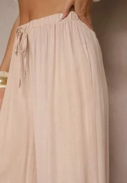 Jasnoróżowe Szerokie Spodnie High Waist z Gumką w Talii Ilnena