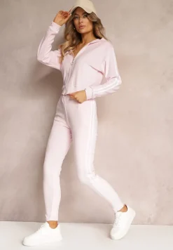 Jasnoróżowy 2-częściowy Komplet Dresowy z Lampasami z Weluru Humna