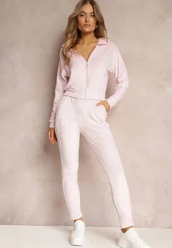 Jasnoróżowy 2-częściowy Komplet Dresowy z Lampasami z Weluru Humna