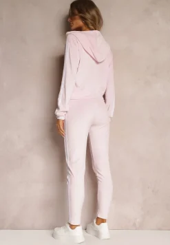 Jasnoróżowy 2-częściowy Komplet Dresowy z Lampasami z Weluru Humna